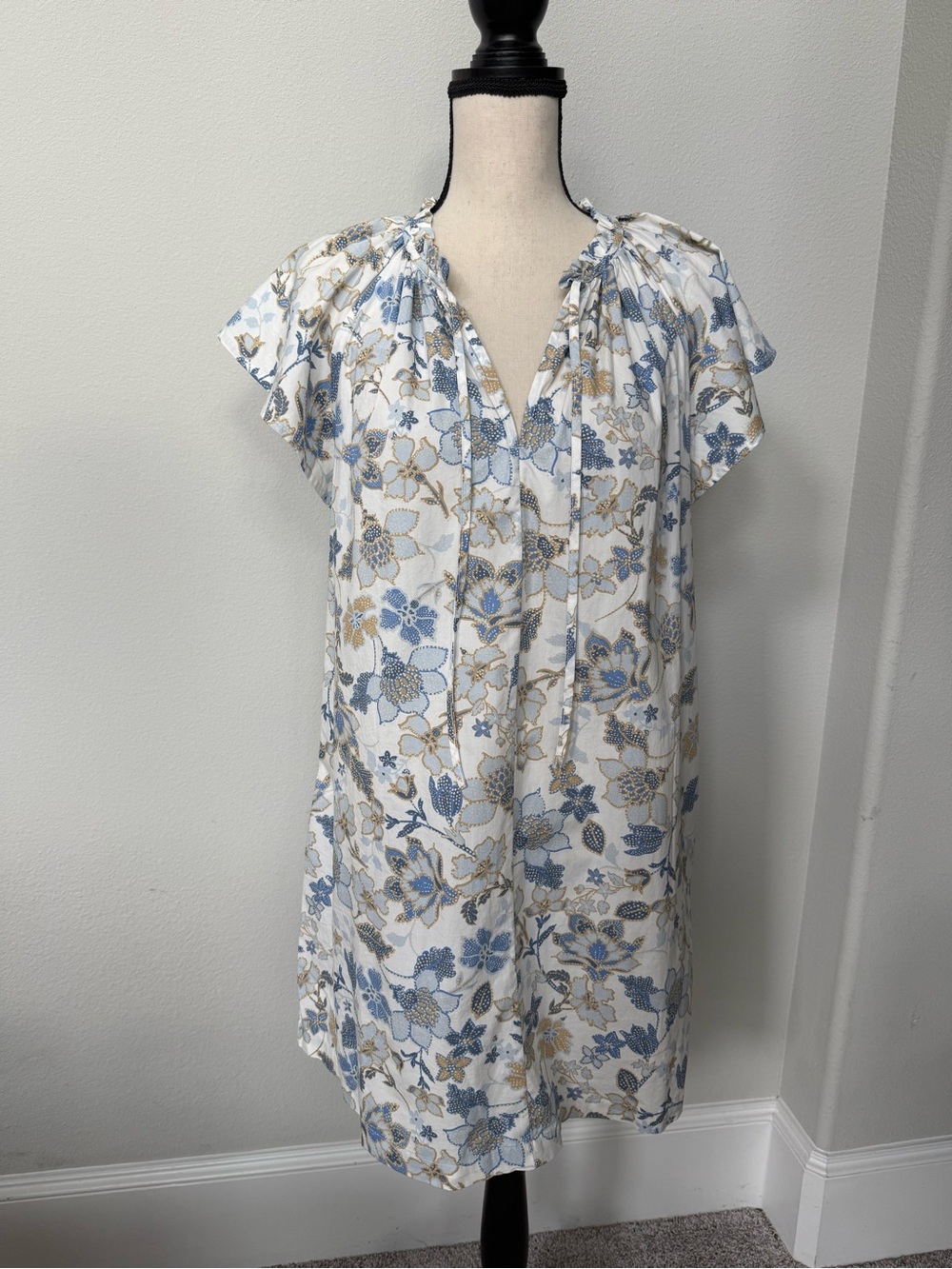 GAP White Peasant Babydoll Dress with Blue & Tan Floral Print